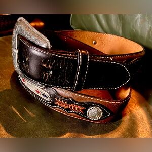 Nocona Black and Brown Western Leather Belt w horse hair